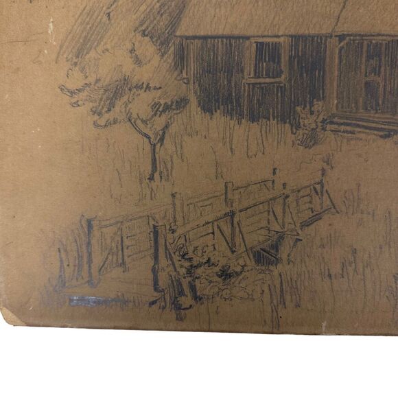 Pencil Drawing Cottage In The Woods Artist Unknown Unsigned Original Vintage - Picture 4 of 12